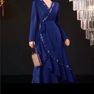 Blue wrap dress with rhinestones size medium gown formal evening wedding kaftan